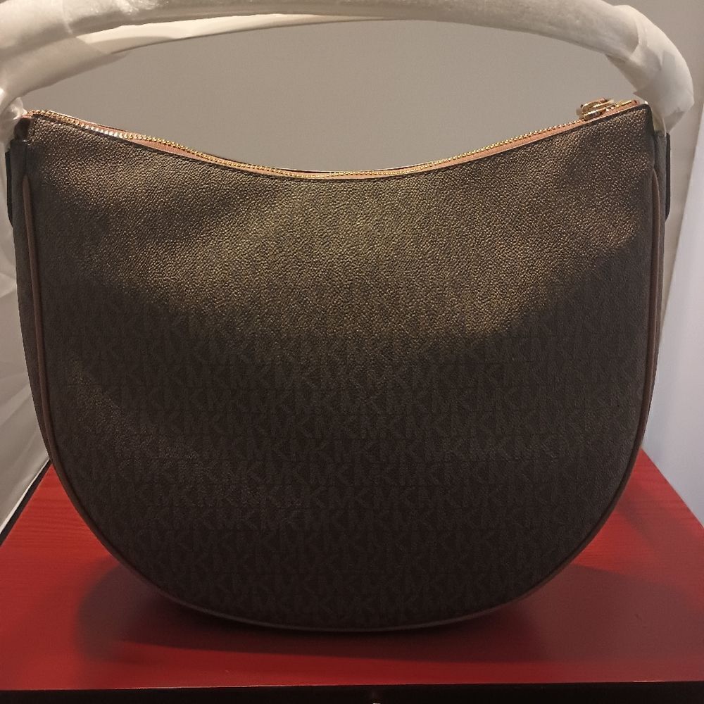 👑👜🔥MK MICHAEL KORS DOVER LG HALF-MOON HOBO PEBBLED LEATHER SHOULDER BAG POPPY - Picture 5 of 10